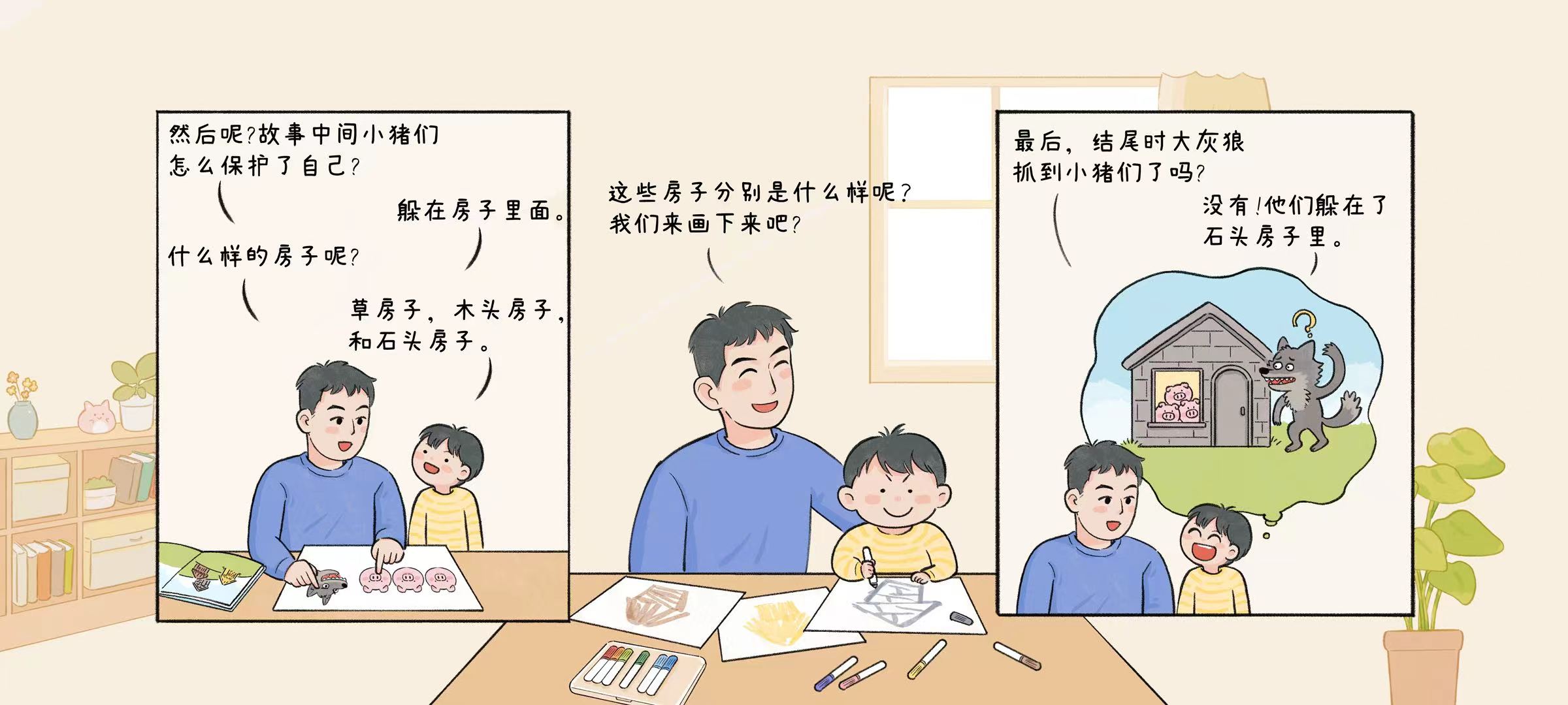 三只小猪画画版第 2 步：什么样的房子？
